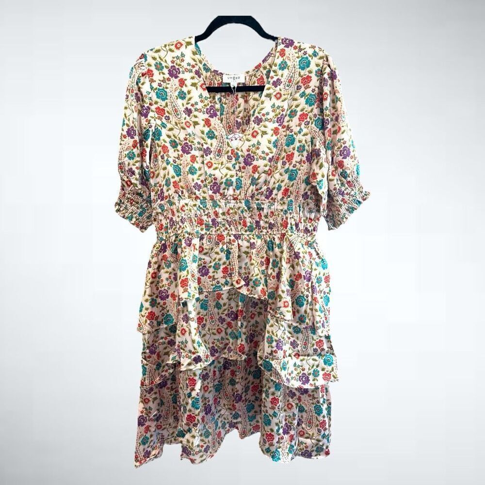 Size L Umgee Satin Paisley Floral Tiered Mini Dress in Blush